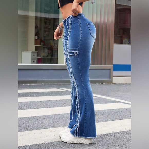 Women's Fringed Patchwork Flared Jeans - Picture 2 of 3